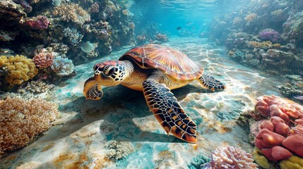 Fototapeta premium In tranquil waters, a graceful sea turtle glides through a vibrant underwater paradise, surrounded by coral reefs in breathtaking colors. The play of light creates a serene atmosphere
