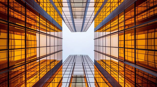 abstract photograph tall buildings glass facades yellow orange tones minimalist symmetrical composition