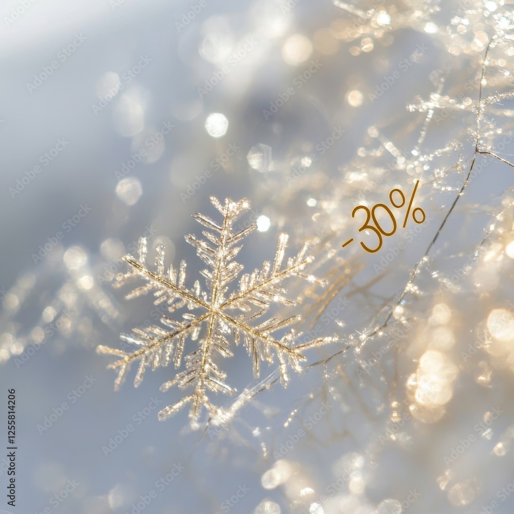 Poster sparkling golden snowflake close-up with soft bokeh effect, featuring a -30 discount text overlay, p