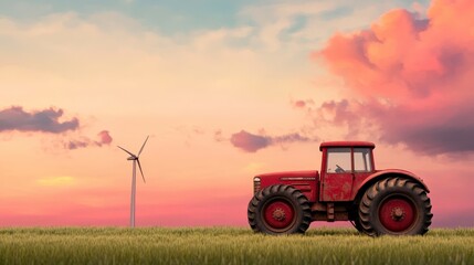 Fototapeta premium Vintage Red Tractor Near Wind Turbine Under Beautiful Sunset Sky with Clouds