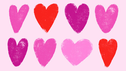 Set of red and pink grunge hearts icons. Grunge scribble brush stroke, ink heart shapes icons drawn with markers, crayons. Vector illustration for background, print, scrap booking, graphic design, web