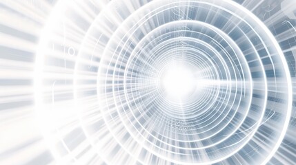 A bright white tunnel with radiating circular light patterns creating a sense of motion and infinity, perfect for futuristic and tech-inspired designs. AI generated.