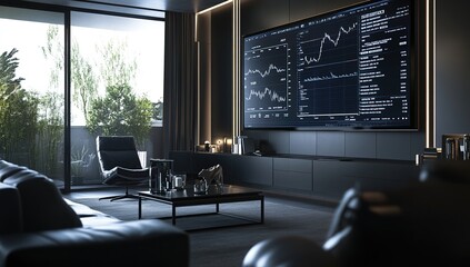 Modern Home Interior Design: Luxury Living Space with Stock Market Data Displayed on Large Screen