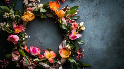 Wreath frame with spring flowers and ribbons composition background