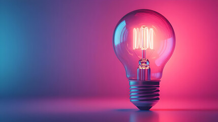 3D Illustration - Glowing Lightbulb on Vibrant Pink and Blue Background
