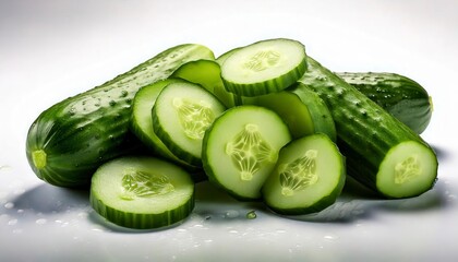 Freshly Cut Crisp Cucumbers Slices Arranged on White Background