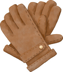 Brown Leather Gloves Watercolor Illustration Clipart