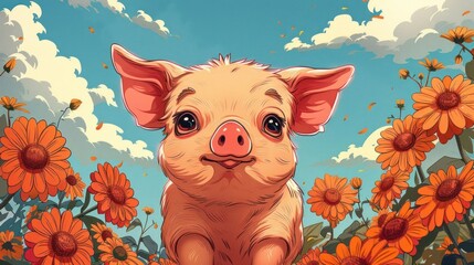 Naklejka premium A cute piglet surrounded by vibrant flowers under a bright blue sky.