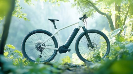 Eco-friendly electric bicycle navigating a serene nature trail, showcasing sustainable transportation amidst lush greenery and vibrant natural surroundings.