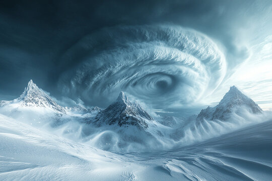 A storm rolling over snow-covered peaks, swirling clouds and flurries creating a dramatic winter landscape, icy winds howling.