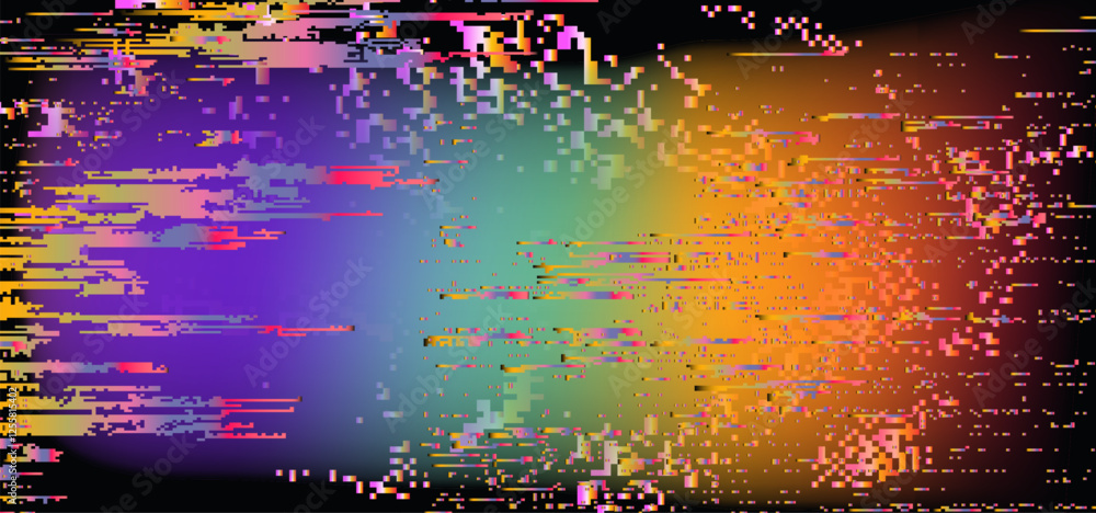 Aufkleber Vector illustration featuring a vibrant glitchy, abstract digital distortion with waves of pink, purple and green. Pixelated elements and a futuristic aesthetic create a striking visual effect.