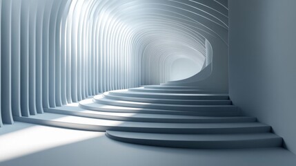 Abstract Modern Architecture: White Geometric Hallway with Curved Stairs and Columns
