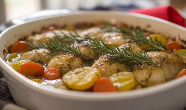 Roasted chicken with rosemary, carrots, squash in a white baking dish - Powered by Adobe