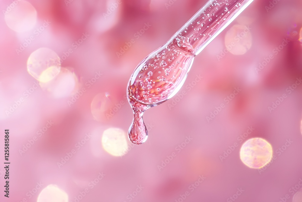 Poster macro shot of a dropper with a drop suspended against a soft pink backdrop. generative ai.