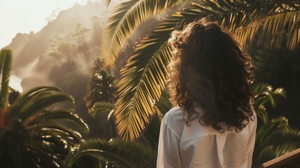 attractive woman curly hair balcony palm trees jungle sunrise white shirt back camera