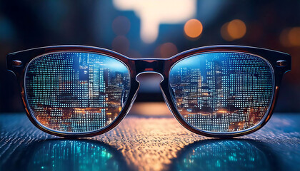 Close-up of stylish eyeglasses reflecting a vibrant cityscape at night. The lenses showcase a digital, pixelated effect, creating a futuristic and innovative feel.