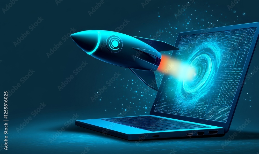 Aufkleber rocket launching from laptop screen with data, symbolizing startup success in tech
