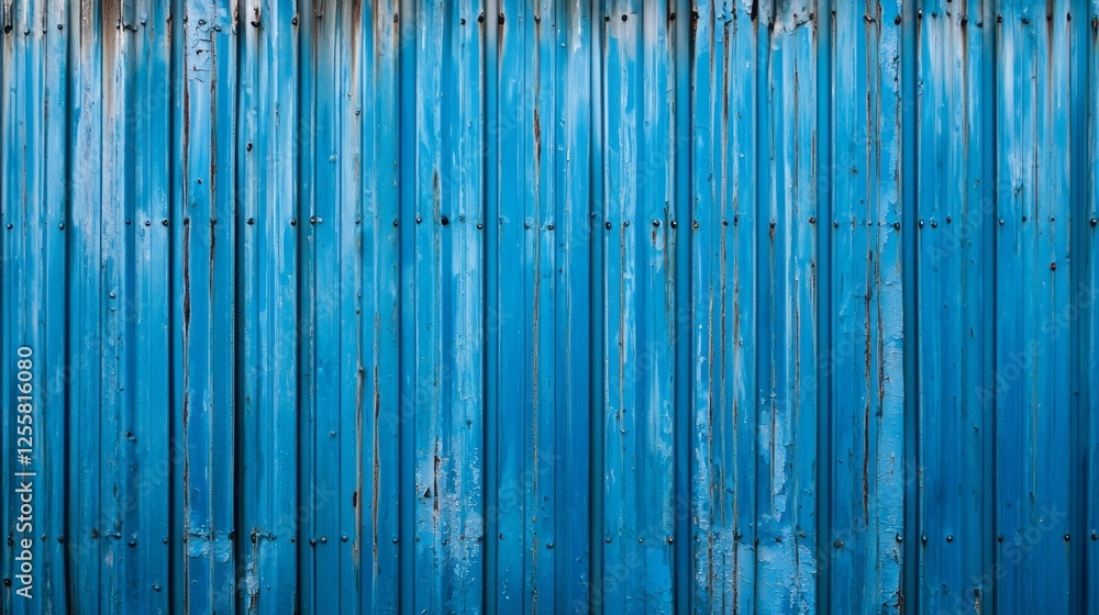 Aufkleber Metal wall adorned in shades of blue showcases a textured surface that reveals wear from years of exposure. The unique lines and patterns create a compelling visual in an urban setting