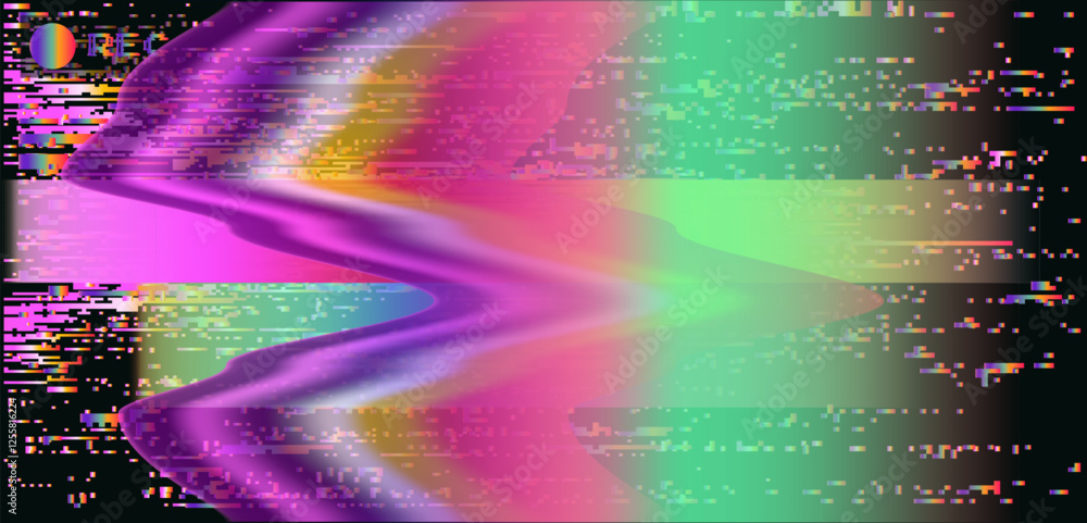 Aufkleber Vector illustration featuring a vibrant glitchy, abstract digital distortion with waves of pink, purple and green. Pixelated elements and a futuristic aesthetic create a striking visual effect.