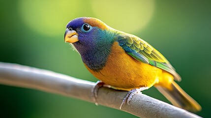 Obraz premium Vibrant bird perched on a branch, surrounded by a lush green background, showcasing nature's beauty