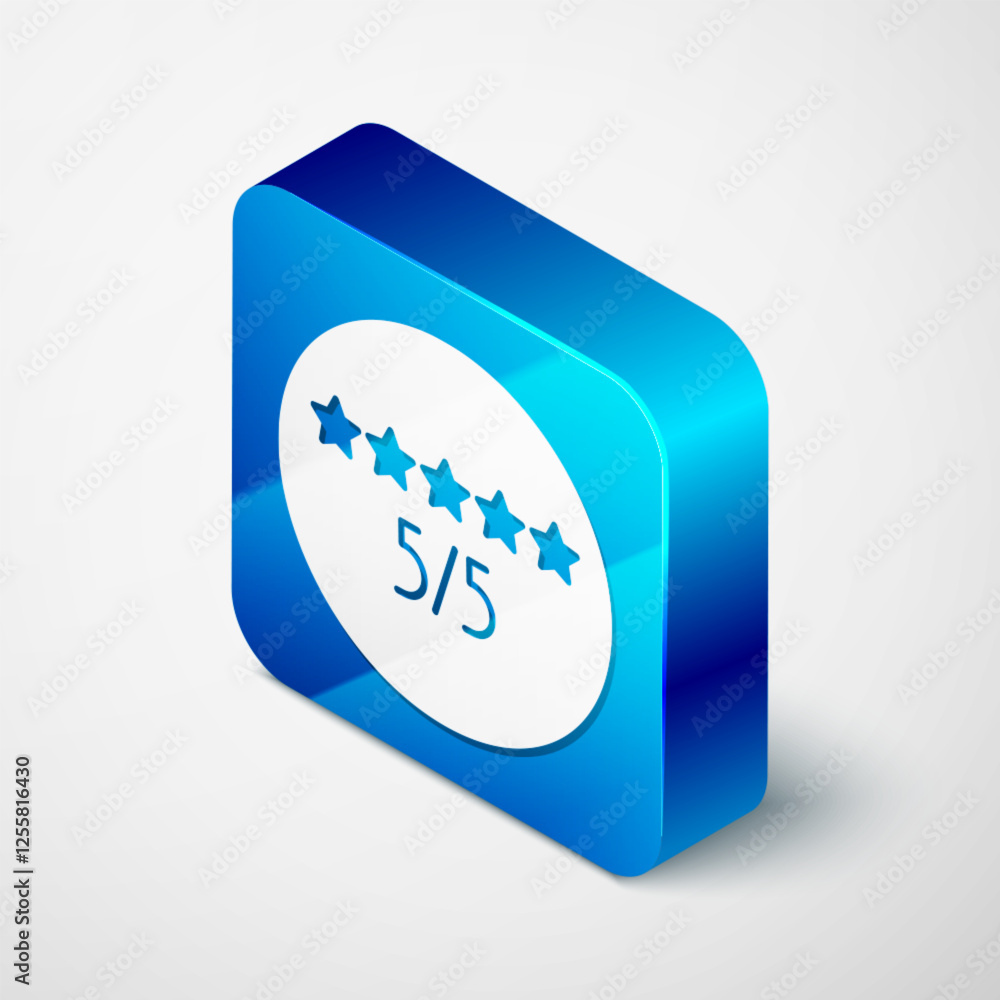 Poster isometric consumer or customer product rating icon isolated on grey background. blue square button. 