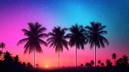 Obraz premium Colorful Sunset Tropical Palm Trees Silhouette Night Sky