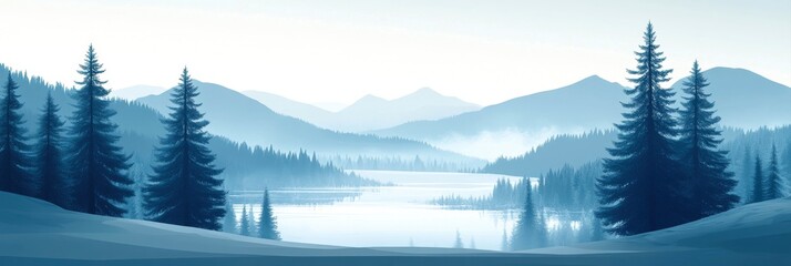 Fototapeta premium Serene winter landscape with mountains, pine trees, and a tranquil lake, ideal for nature and relaxation themes.