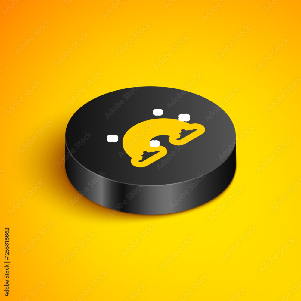 Poster isometric line rainbow with clouds icon isolated on yellow background. black circle button. vector