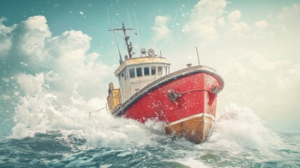 Brave Tugboat Navigates Turbulent Waves with Skill in a Stunning Ocean Scene Captured in High Quality