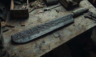 Rustic cleaver on workbench in workshop, amidst tools and debris, ideal for historical or crafting projects