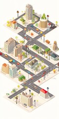 Isometric cityscape with roads, urban buildings, trees, and vehicles in an abstract layout.