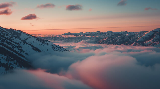 winter mountains view above clouds fog pink sunset sky scenic landscape