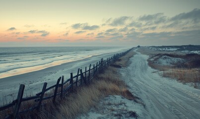 Sandy beach road at sunset with a wooden fence, dunes, and cloudy sky