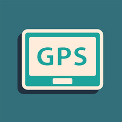 Green Gps device with map icon isolated on green background. Long shadow style. Vector Illustration