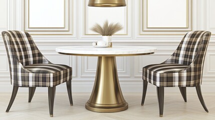 Elegant Dining Space Featuring Modern Gold Table with Stylish Plaid Chairs in a Light Room