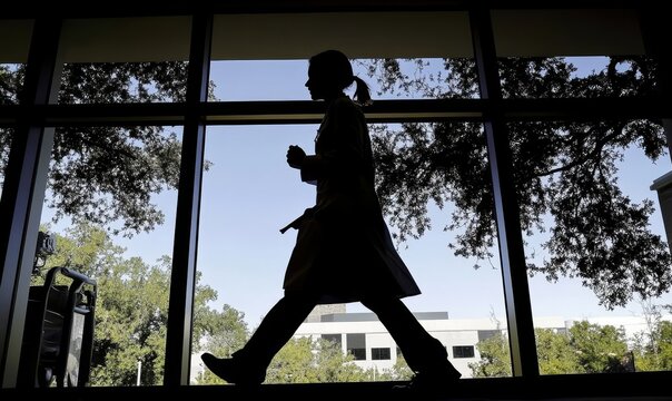 Scientist walking by window, trees outside, research facility