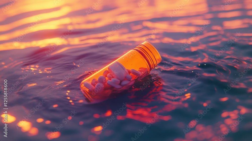 Sticker A surreal close-up of water rippling around a floating medicine bottle, refracting the pills in a prismatic glow.