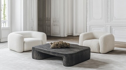 Elegant Modern Furniture Arrangement in a Spacious Living Room with Textured Upholstered Armchairs