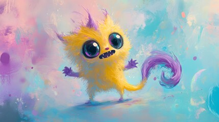 Fototapeta premium Adorable yellow monster with big eyes smiles curiously ahead