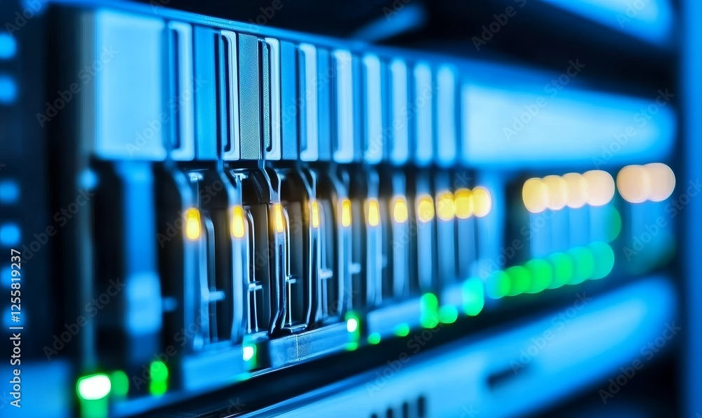 Poster server rack with flashing lights in data center, close-up, for tech and it concepts