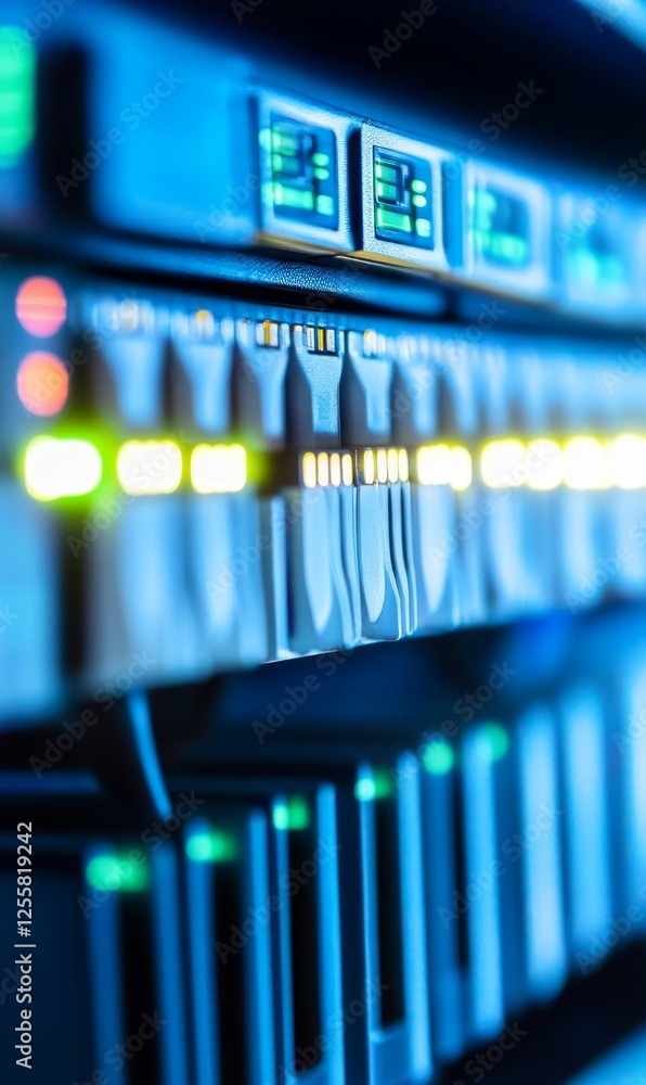 Poster server rack close-up with glowing lights in data center for network storage
