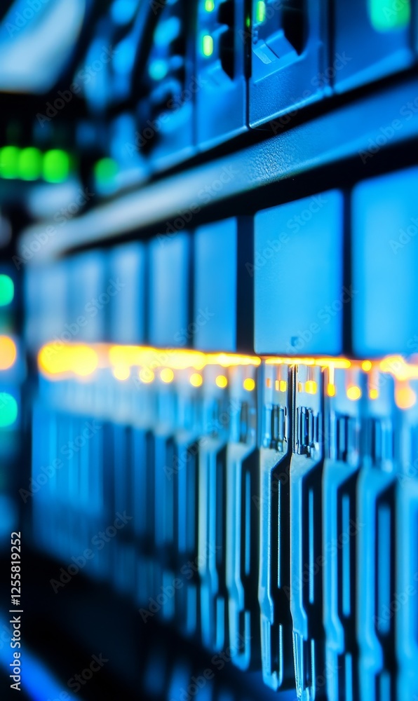 Aufkleber server room close-up data center with glowing lights and network activity
