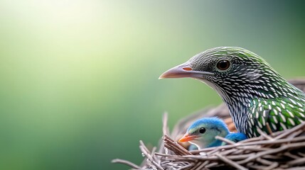 Obraz premium Vibrant bird watching over its colorful chicks in a cozy nest amidst a serene natural backdrop