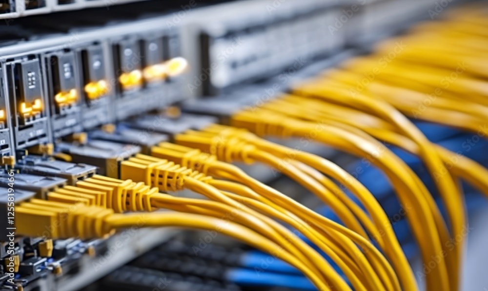 Poster server room network cables connected to router, data transfer, it infrastructure
