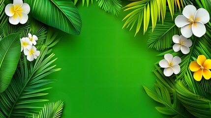 Tropical Green Background with Leaves and Flowers Decoration