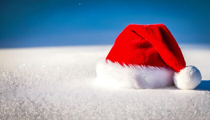 A vibrant red Santa hat rests gently on a pristine, glistening snowdrift against a clear blue sky.