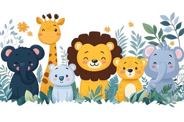 Fototapeta premium Cute Cartoon Animals in a Lush Jungle Setting