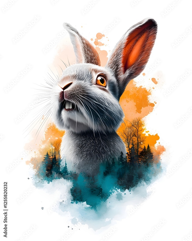 Poster captivating watercolor portrait of a rabbit with a mischievous glint in its eye soft grey fur charmi