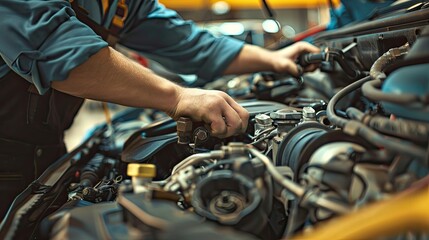 close up of a car mechanic is fixing car engine, close up of a car engine