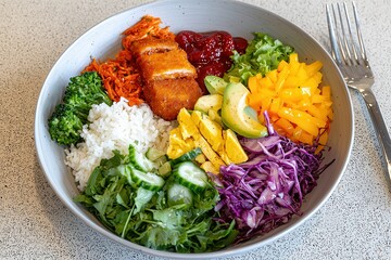 Vegan lifestyle meets eco-friendly protein. Colorful bowl of rice, vegetables, and protein with vibrant toppings.